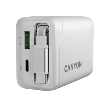 Kompakts sienas lādētājs ar integrētu USB C kabeli 65 W kopējo jaudu 1×PD un 1×QC ātrās uzlādes portu OnCharge 65RC Build In Cable EU Balts CNS-CURC65ACW CANYON (CNS-CURC65ACW)