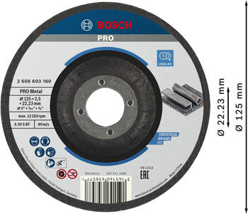 Griešanas disks, izliekts Metālam,125x22,23x2,5, Mazām leņķa slīpmašīnām PRO METAL GRIEZĒJDISKS, 2608603160, BOSCH (2608603160)