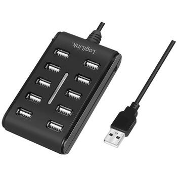 LogiLink USB концентратор UA0125, 10x USB 2.0, 480 Мбит/с, 5В 3.5А, черный, кнопка вкл выкл, защита от перегрузки (UA0125)