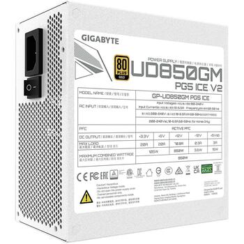 Gigabyte Datora barošanas bloks UD850GM PG5 ICE, 850W, 100-240V, 50/60Hz, 80 PLUS Gold, pilnībā modulārs, aktīvā dzesēšana (GP-UD850GM PG5 ICE)