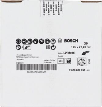 Fiber disks ExpertMetal D=125 mm,K 36,1 gab., Mazām leņķa slīpmašīnām R444 EXPERT FOR METAL SLĪPDISKS, 2608607250, BOSCH (2608607250)