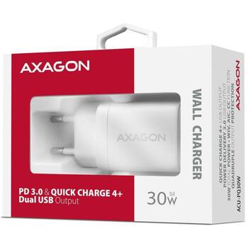 Axagon настенный зарядное устройство ACU-PQ30W 30W, 100-240V, 2xUSB, быстрая зарядка, защита от перегрузки, белый (ACU-PQ30W)