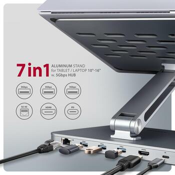 Axagon док-станция HMC-STND HDMI 4K/60Hz, RJ-45 1, USB-C 1, USB-A 3, Power Delivery, 60 см кабель, металлический (HMC-STND)