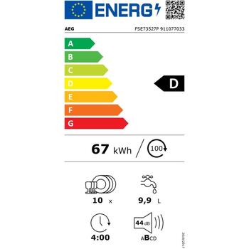 AEG FSE73527P trauku mazgājamā mašīna iebūvējamā, 45 cm, 10 komplekti, 44 dB, D, 67 kWh/100, 9.9 l, AirDry, TimeBeam (FSE73527P)
