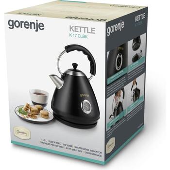 Gorenje Чайник K17CLBK, 2200 W, 1.7 L, Пластик/Металл, 360° поворотная база, черный (K17CLBK)