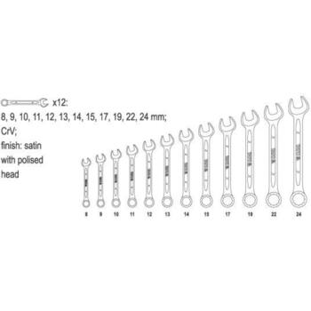 Yato kombinēto uzgriežņu atslēgu komplekts YT-0362, 12 gab, 8-24 mm, CrV, DIN 3113, 42-48 HRC, 15° leņķis, AS-DRIVE, satīna apdare (YT-0362)