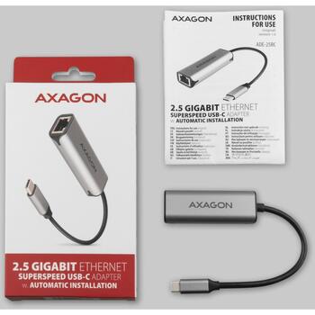 Axagon Сетевой адаптер ADE-25RC, 2.5 Гбит/с, USB Type-C, 1x RJ-45, 10/100/1000/2500 Мбит/с, металлический корпус, Plug and Play (ADE-25RC)