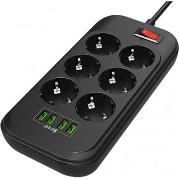 Colorway Электрическая розетка CW-CHE64B, 17W, 10A, 250V, 6 евроразъемов, 4xUSB, 2м медный кабель, защита от детей (CW-CHE64B)