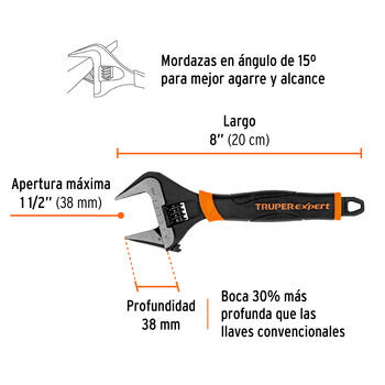 Regulējama uzgriežņu atslēga ar īpaši platu žokli, 200 mm Expert® PET-8XA TRUPER (PET-8XA)