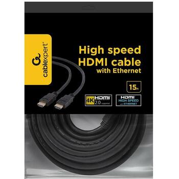 Gembird HDMI кабель 15м CC-HDMI4-15M 4K 60Hz, 10 Гбит/с, Черный, Мужской/Мужской, Золотые контакты (CC-HDMI4-15M)