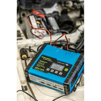 Hogert HT8G613 elektroniskais akumulatoru lādētājs, 12V, 2/8/15A, 15-300Ah, IP20, LCD displejs, 1m kabelis (HT8G613)