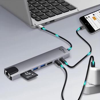 Media-Tech HUB 8 в 1 GIGA LAN MT5046, 100 Вт, 8 портов, 4K HDMI, USB-C PD, алюминиевый корпус (MT5046)