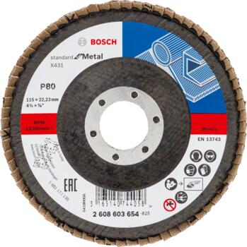 Slīpēšanas disks metālam Standard 115X22mm,80, Mazām leņķa slīpmašīnām X431 STANDARD FOR METAL VĒDEKĻVEIDA DISKI, IZLIEKTĀ VERSIJA, 2608603654, BOSCH (2608603654)