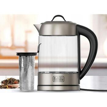 Black+Decker BXKE2205E электрочайник, 2200W, 1.7L, 60-100°C, стекло, эргономичный, моющийся фильтр (ES9580110B)
