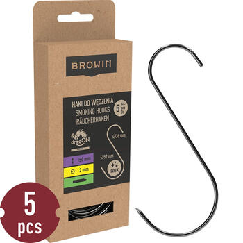 Browin крюки для копчения 311201, 150мм, Ø3мм, 5шт, нержавеющая сталь 304, S-образные, заостренный конец (311201)