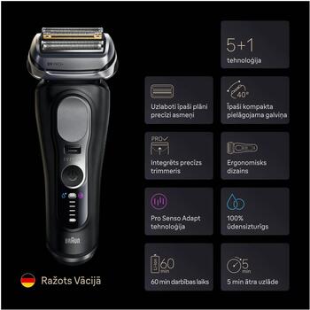 Braun bārdas skuveklis 9600s Series 9 PRO+, 60 min, 100-240 V, 5 asmeņi, mitrs un sauss, mazgājams, trimmeris, displejs (9600s)