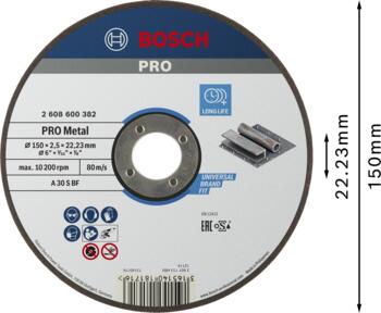 Griešanas ripa 150x22x2,5 mm, metālam, Mazām leņķa slīpmašīnām PRO METAL GRIEZĒJDISKS, 2608600382, BOSCH (2608600382)