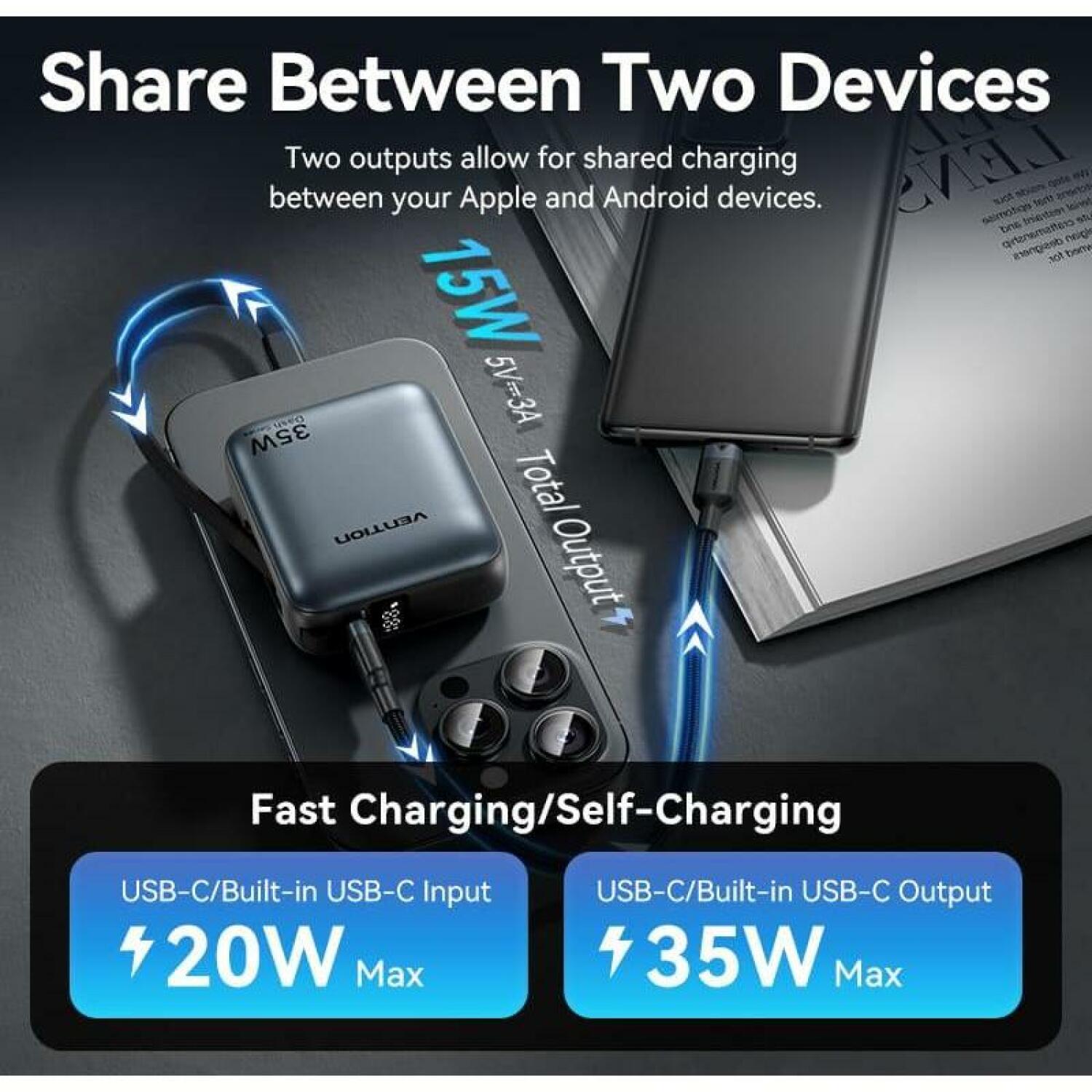 Vention Power Bank FHEH0, 10000mAh, 35W, Li-Poly, USB-C, 1x3A, компактный, быстрая зарядка, LED дисплей (FHEH0)