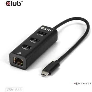 Club3D USB centrmezgls CSV-1549, 3 x USB Type-A, 1 x RJ45, 5 Gbps, Gigabit Ethernet, melns (CSV-1549)
