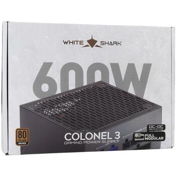 White Shark Barošanas bloks COLONEL-3, 600W, 140mm, 1275g, 20+4x1, 4/8x1, SATA x 4, MOLEX x 2, PCI-E 6/8 x 2, 80 PLUS BRONZE (COLONEL-3)