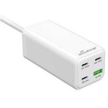 Mediarange зарядное устройство MRMA124 100W, 1.5m кабель питания, 3 USB-C, 1 USB-A, быстрая зарядка, белый (MRMA124)