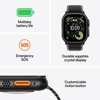 Apple Умные часы Ultra 3 MF0J4ET/A, 49mm, 64GB, GPS, LTPO OLED всегда включенный дисплей, черный титан, 5G, аккумулятор до 42ч (MF0J4ET/A)