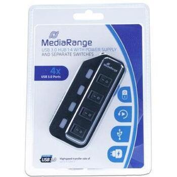 Mediarange USB хаб MRCS505, 4, 5000 Mbit/s, черный, DC, USB кабель в комплекте (MRCS505)