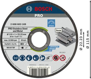 Griešanas disks Rapido 115x22x1mm,INOX 10gab., Mazām leņķa slīpmašīnām PRO STAINLESS STEEL AND METAL GRIEZĒJDISKS, 2608603254, BOSCH (2608603254)