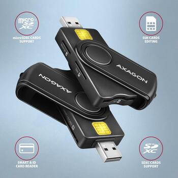 Axagon planšetdators CRE-SMP2A USB-C, USB 2.0, 4 sloti, atmiņas karte microSD, SIM, melns, CE, RoHS (CRE-SMP2A)
