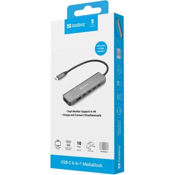 Sandberg USB-C 6-in-1 MediaDock 136-77, 54g, серый, USB-C, Windows 11, 1xHDMI, 6 портов, 19см, 4xUSB-C, 100W, PD 3.0, 2 дисплея (136-77)