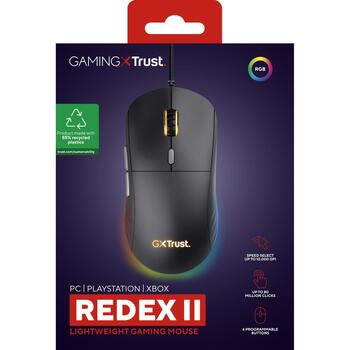 Trust USB optiskā pele GXT 925 REDEX II 25125, 10000 DPI, 6 pogas, 1.8m kabelis, melna krāsa, RGB apgaismojums (25125)