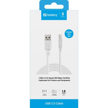 Sandberg 502-78 USB 2.0 A-B kabelis, 1.8m, taisns kontakts, balts, 480 Mbit/s (502-78)