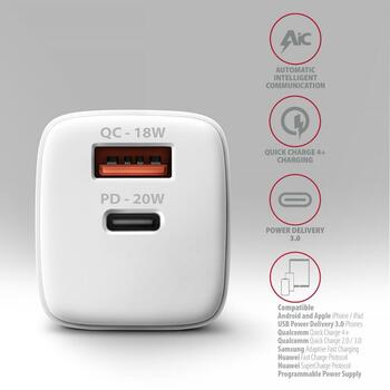 Axagon Зарядное устройство ACU-PQ20W 20W, Входное напряжение 100-240V, 2 USB порта, Быстрая зарядка, Защита от перегрузки (ACU-PQ20W)