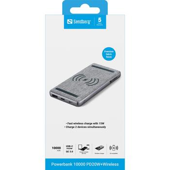 Sandberg 420-61 Powerbank 10000, 10000mAh, 37Wh, PD20W, QC 3.0, беспроводная зарядка, 2 устройства, USB-C, черный/серый (420-61)