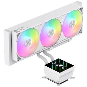 Gamemax procesora šķidruma dzesētājs GLACIER 360 LCD WH, 85.82 cfm, TDP līdz 330W, ARGB ventilators, 800-2000 rpm (GLACIER 360 LCD WH)