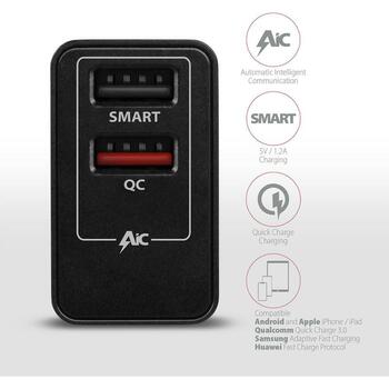 Axagon зарядное устройство ACU-QS24 24W, 2x USB QC3.0, 5V-1.2A, 100-240V, черный, защита питания (ACU-QS24)