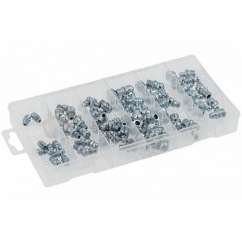 Hogert HT8G511 smērvielu nipelu komplekts, 110gab., M6x1/M8x1/M10x1, 45°/90°, cinkots tērauds, plastmasas kasetē (HT8G511)
