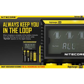 Nitecore Зарядное устройство D4EU 4-слотовое, совместимо с Li-ion, Ni-MH, Ni-Cd, ЖК-экран, 0.239 кг (D4EU)