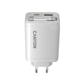 Kompakts sienas lādētājs ar integrētu USB C kabeli 65 W kopējo jaudu 1×PD un 1×QC ātrās uzlādes portu OnCharge 65RC Build In Cable EU Balts CNS-CURC65ACW CANYON (CNS-CURC65ACW)