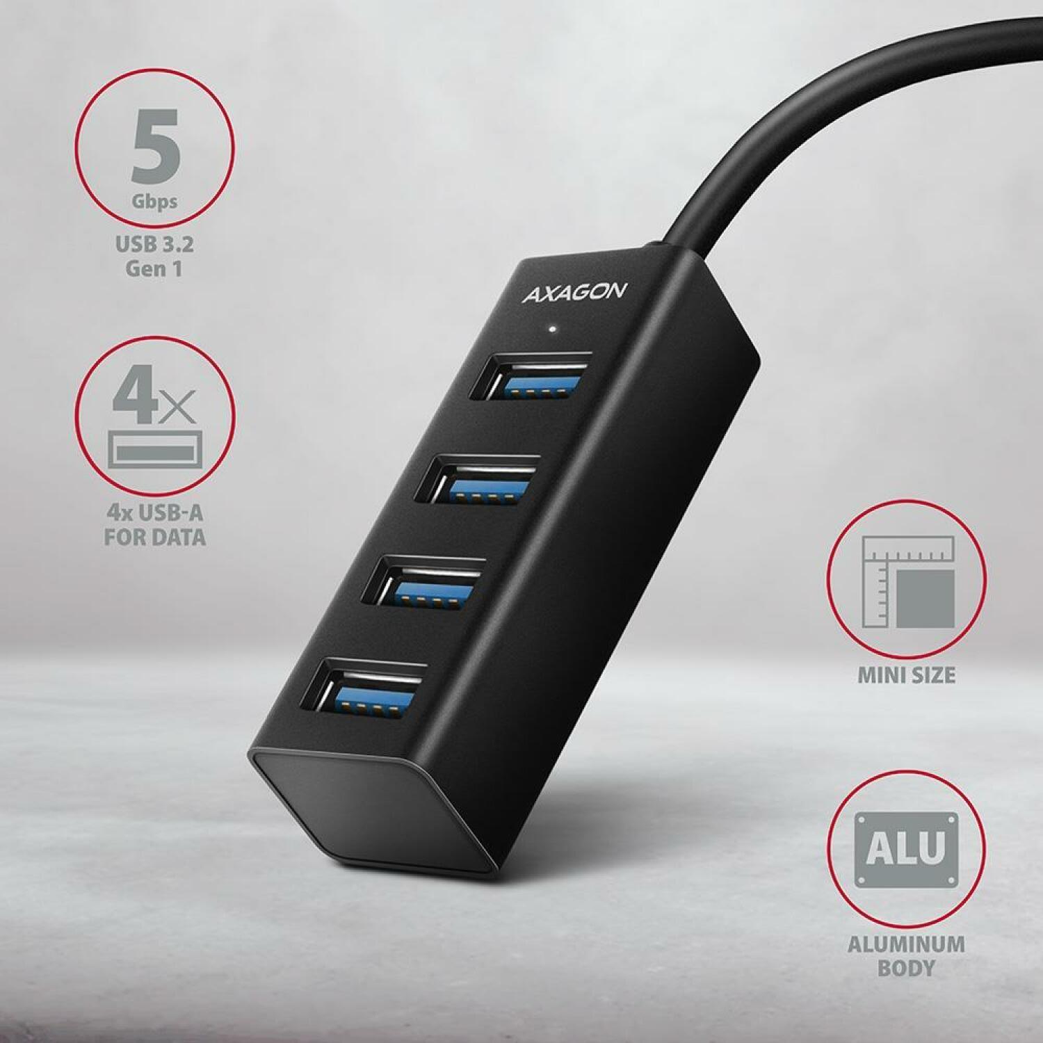 Axagon USB хаб HUE-M1AL 4x USB-A 5Gb/s, 1x USB-A 120 см, алюминий, Hot Plug, Plug and Play, 1.5A/5V (HUE-M1AL)