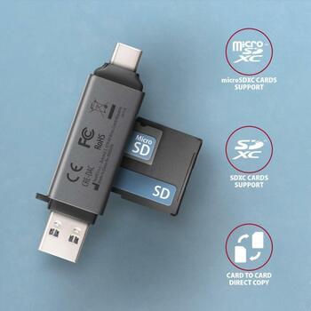 Axagon Читатель карт памяти CRE-DAC USB 3.0 Type-A/Type-C 5000 Mbit/s 2 слота, совместимые карты памяти: MicroSD, SD, MMC, серый (CRE-DAC)