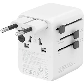Kompakts ceļojumu lādētājs ar 70 W maksimālo jaudu un savietojamību EU UK US AUS kontaktligzdām OnTour 70 EU UK US AUS 70W Balts CNS-TA70W1006W CANYON (CNS-TA70W1006W)
