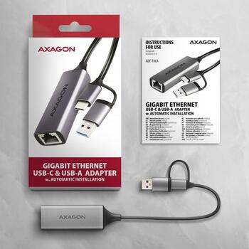 Axagon сетевой адаптер ADE-TXCA, 1 x RJ-45, 10/100/1000 Mbit/s, USB 3.2 Gen 1, ASIX AX88179, адаптер питания, серый (ADE-TXCA)