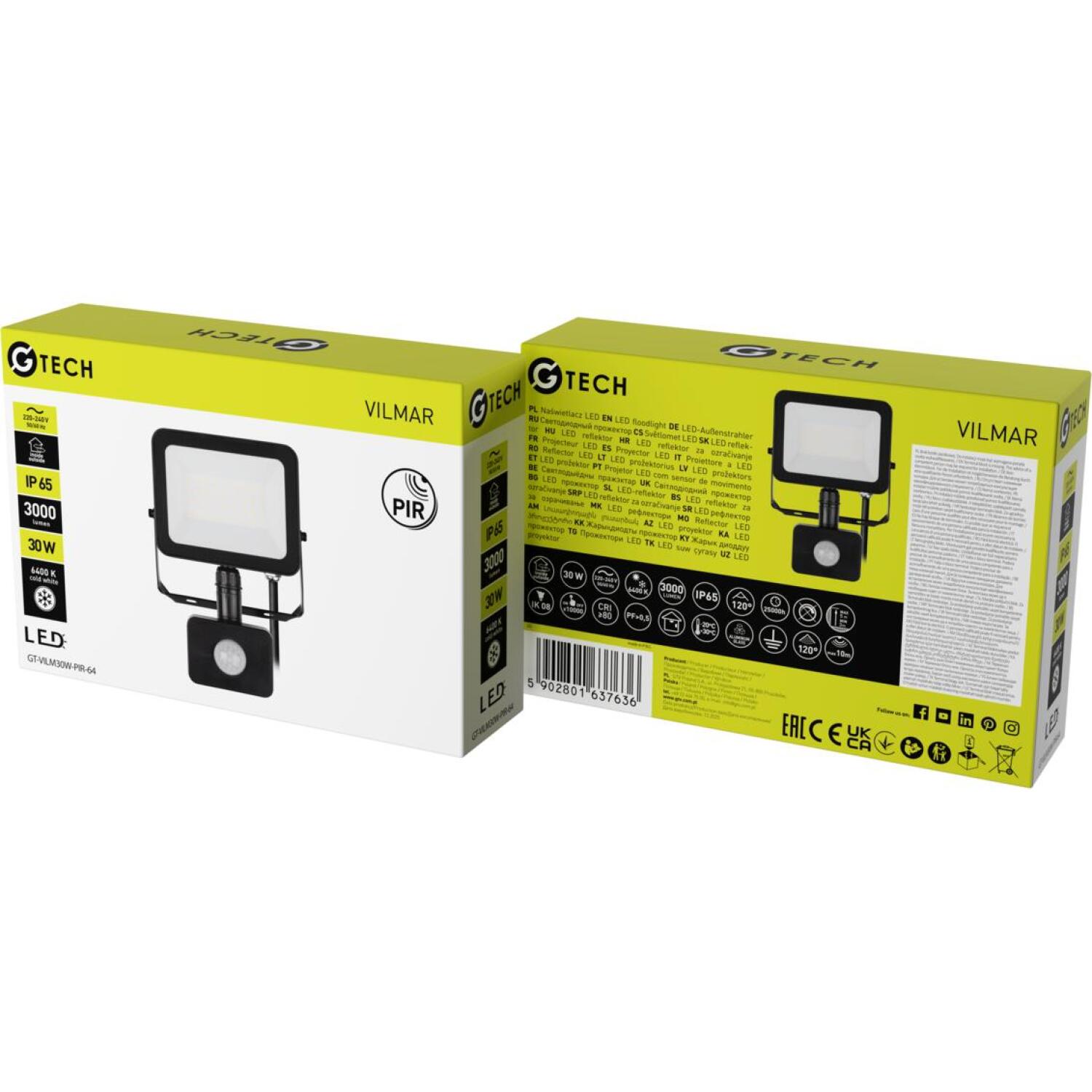 G-Tech VILMAR прожектор с датчиком движения GT-VILM30W-PIR-64, LED, 30W, 3000lm, 6400K, AC220-240V, IP65, 120°, 10m, черный (GT-VILM30W-PIR-64)