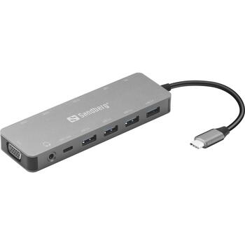 Sandberg USB-C 13-in-1 дорожная док-станция 136-45, 1xUSB-C для питания, 1xUSB-C для данных, 2xHDMI, 1xVGA, 3xUSB 3.0 A, 1xUSB 2.0 (136-45)