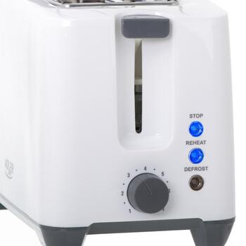 Adler Toasteris AD 3216, 750 W, 2 šķēles, plastmasas korpuss, balts, automātiskā izslēgšanās, atkausēšanas funkcija (AD 3216)