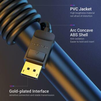 Vention кабель DisplayPort 2M HACBH, 2 м, 7 мм, 3D, 4K, 21.6 Гбит/с, 144 Гц, 3-слойная защита, черный (HACBH)