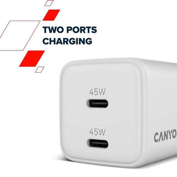 Kompakts sienas lādētājs ar GaN tehnoloģiju 45 W kopējo jaudu un 2×PD ātrās uzlādes portiem CU45CC EU Balts CNS-CUW45CC CANYON (CNS-CUW45CC)