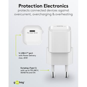 Goobay Зарядное устройство 79151, 20W, USB-C, PD, GaN, быстрая зарядка, белый, евровилка (79151)