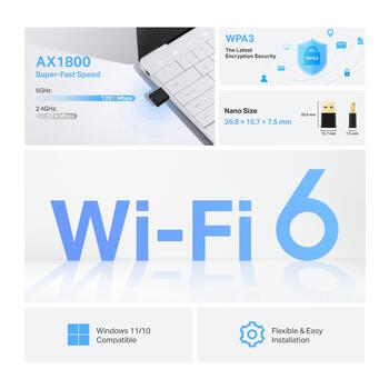 Tp-Link AX1800 Nano Wi-Fi 6 беспроводной USB адаптер Archer TX20U Nano, 1201 Мбит/с, 574 Мбит/с, 2x двухдиапазонные антенны, WPA3 (Archer TX20U Nano)